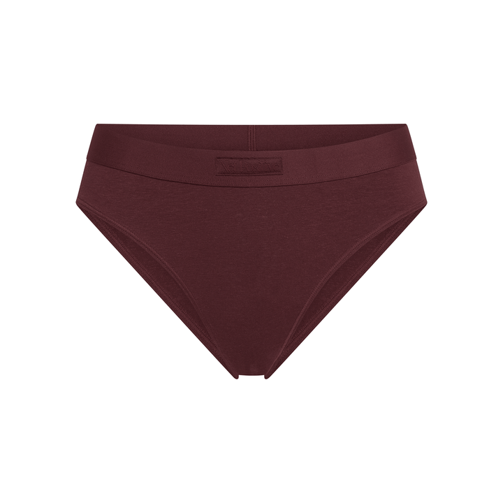 Burgundy mid-rise brief flat lay with folded waistband and centered front seam.