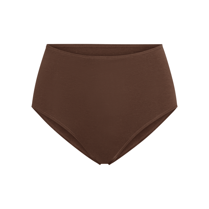 High-rise brief underwear in dark brown, smooth front and folded leg openings.