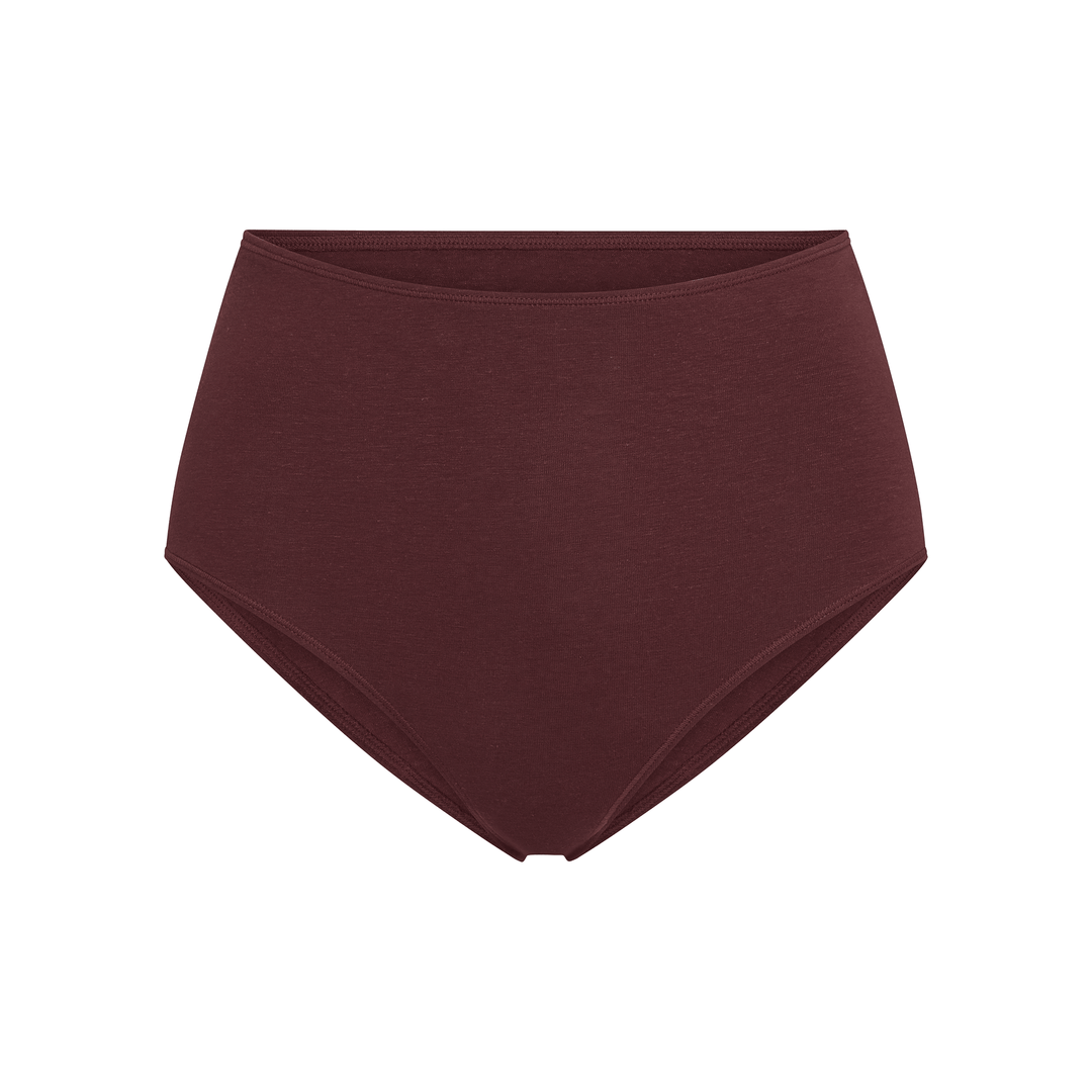 Dark maroon high-rise briefs, flat-lay view, smooth stretch knit with wide waistband.