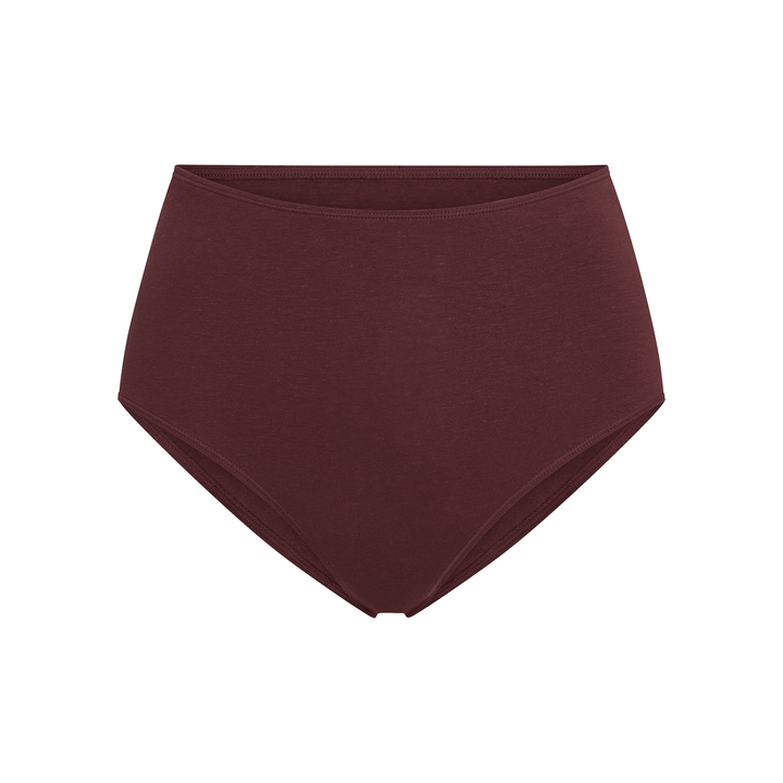 Dark maroon high-rise briefs, flat-lay view, smooth stretch knit with wide waistband.