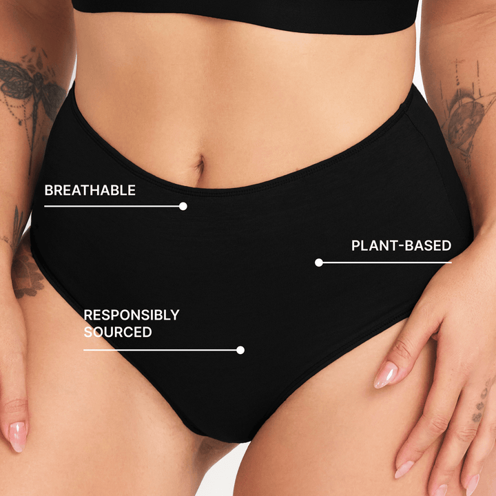 High-rise brief underwear in black, close-up of waistband and smooth fabric