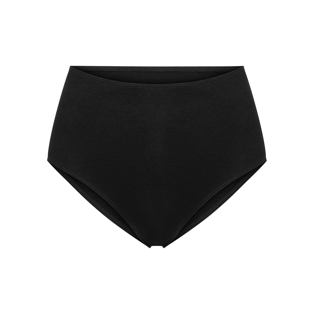 High-rise brief underwear in black, flat lay with high waist and full coverage
