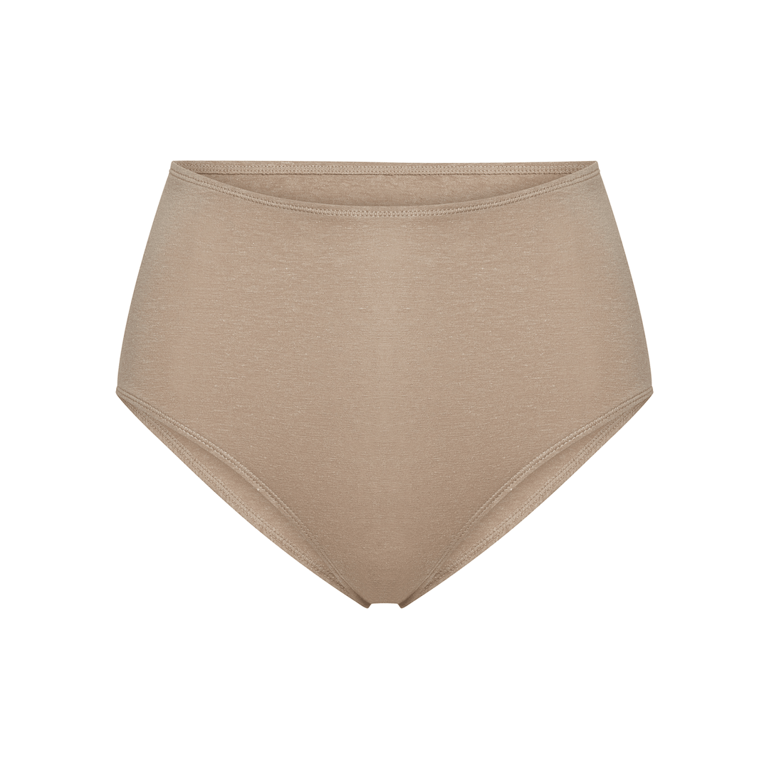 Light beige high-rise briefs, flat-lay view, smooth stretch knit with wide waistband.