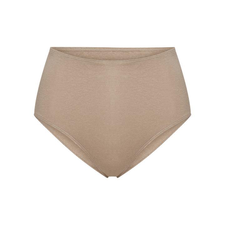 Light beige high-rise briefs, flat-lay view, smooth stretch knit with wide waistband.