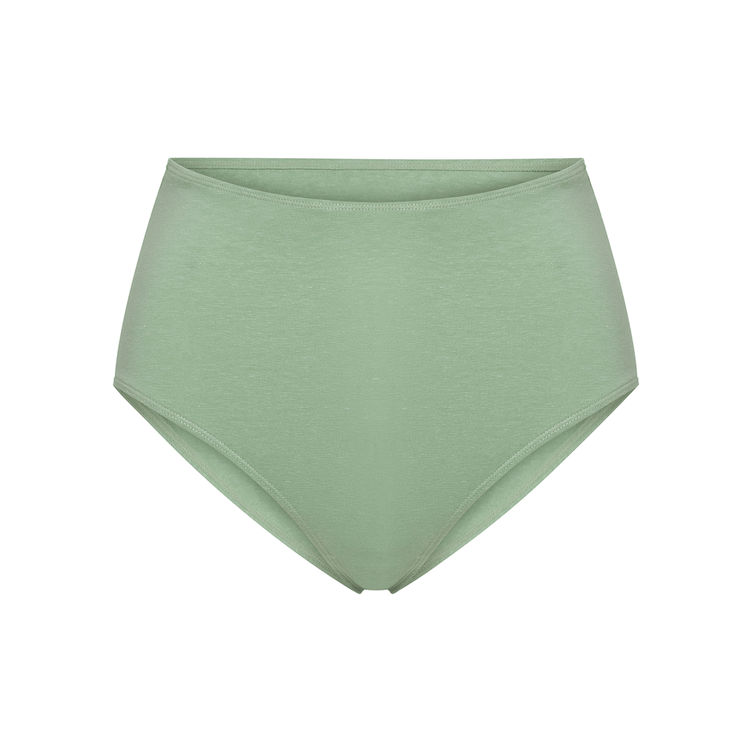 High-rise brief in light green, flat-lay back view with elastic waistband and full coverage.