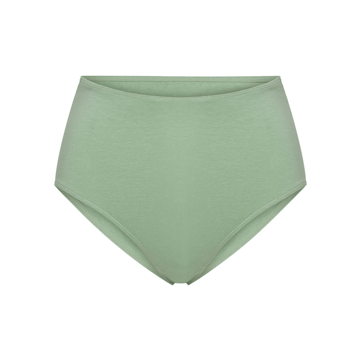 High-rise brief in light green, flat-lay back view with elastic waistband and full coverage.