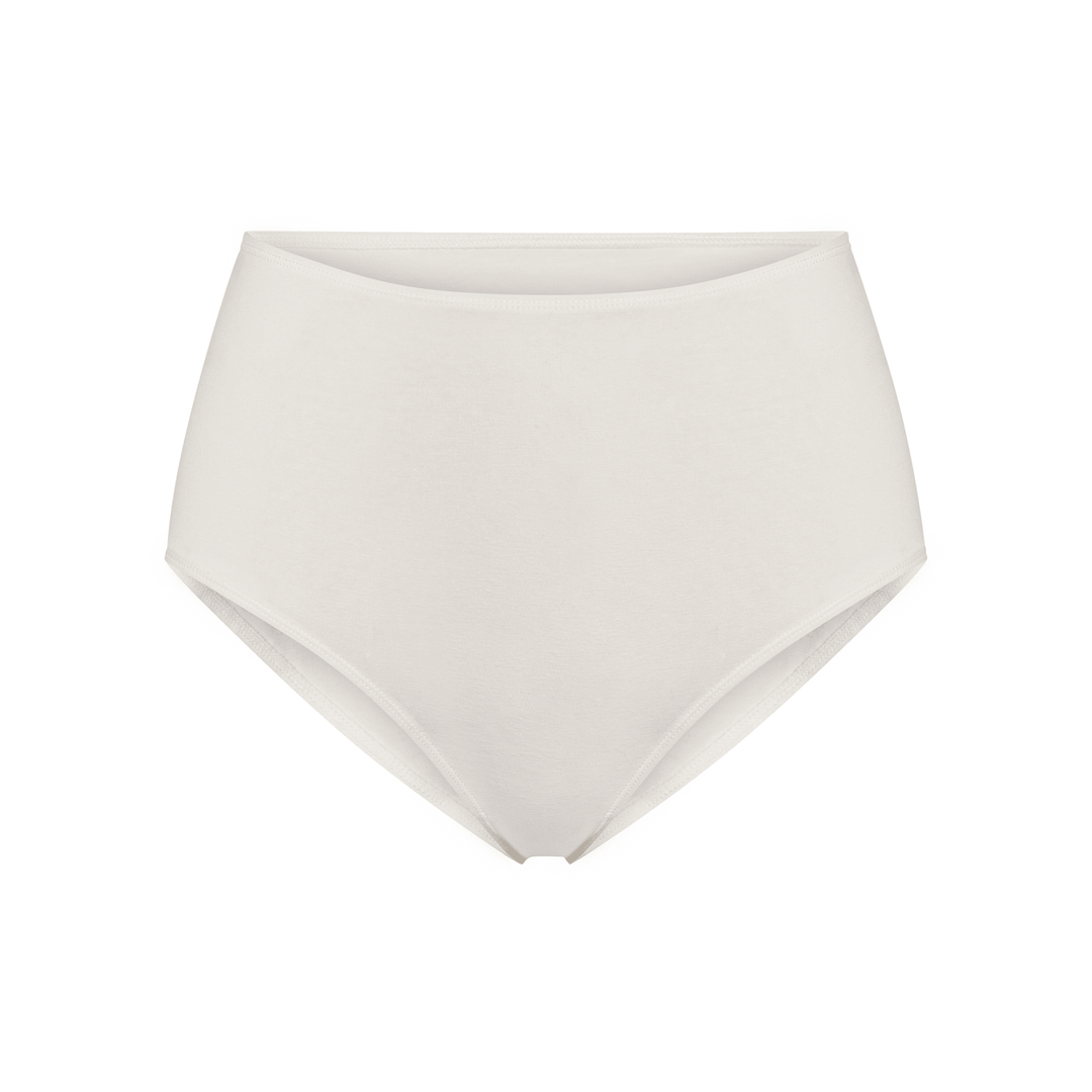 High-rise brief underwear in white, flat lay with high waist and tapered leg openings.