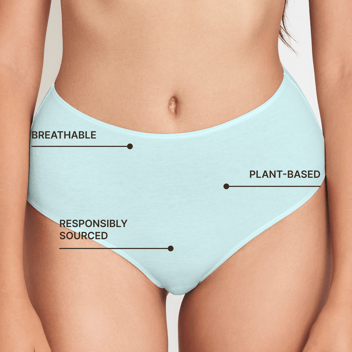 Light blue high-rise brief underwear, front view on model