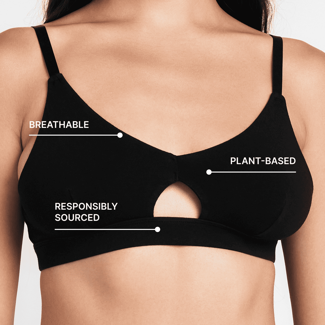 Black keyhole bra close-up with front keyhole cutout and smooth, supportive band
