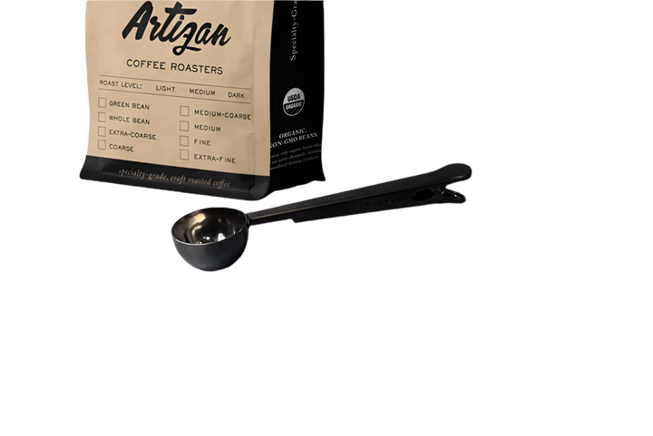 Coffee scoop with bag clip and metal measuring spoon with Artizan coffee bag
