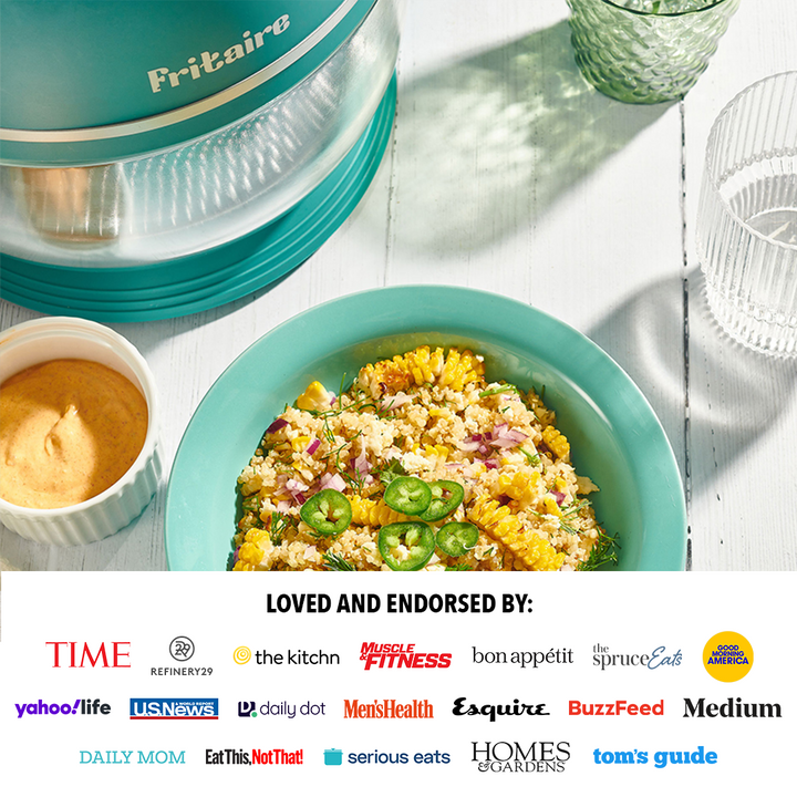 Teal air fryer with clear glass bowl and ingredient bowls for cooking
