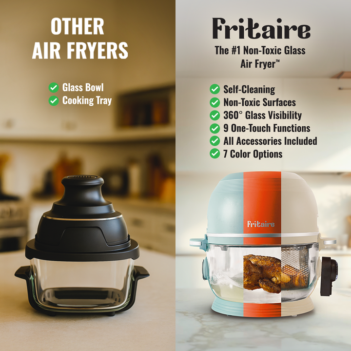 Promo graphic with cherry red and light blue countertop air fryers and clear glass bowls