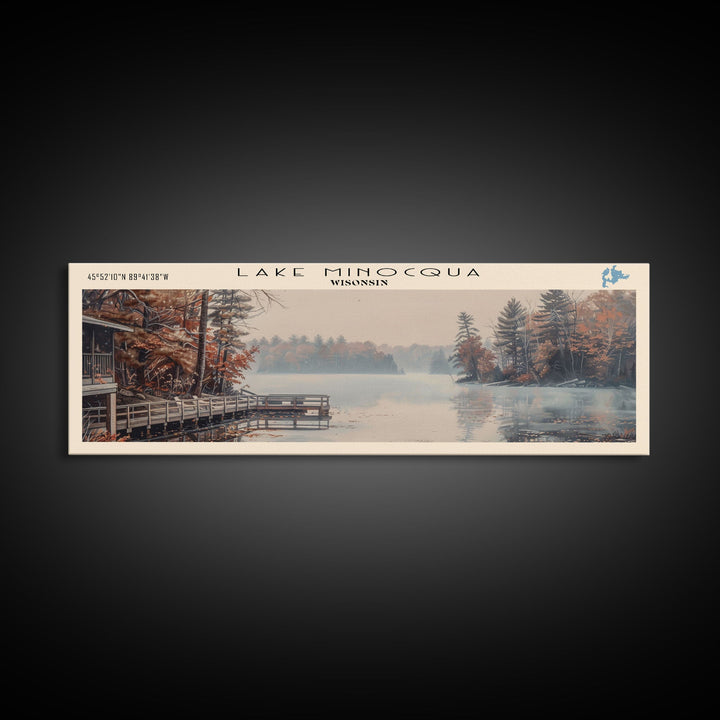 Lake Minocqua Wisconsin Framed Canvas Print, Lake House Decor, Panoramic Wall Art, Travel Poster, Scenic Landscape Painting, Living Room Decor
