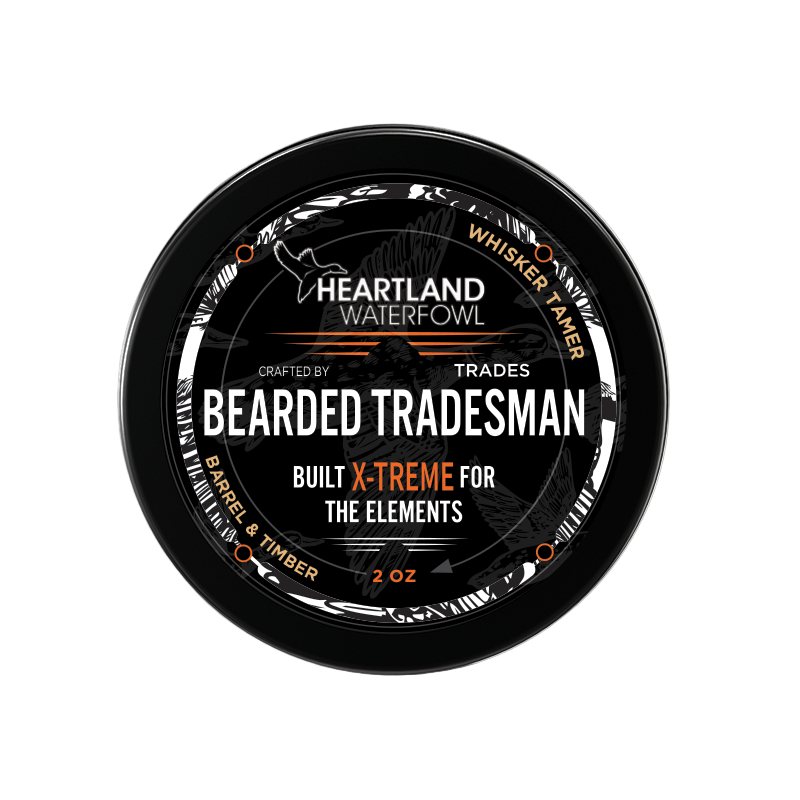 Bearded Tradesman X-TREME whisker tamer tin, black round jar with orange accents
