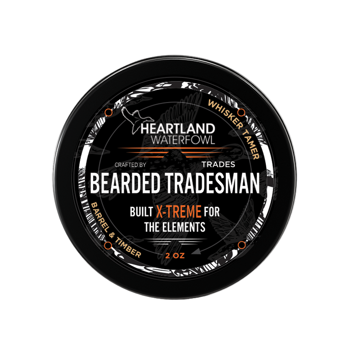 Bearded Tradesman X-TREME whisker tamer tin, black round jar with orange accents