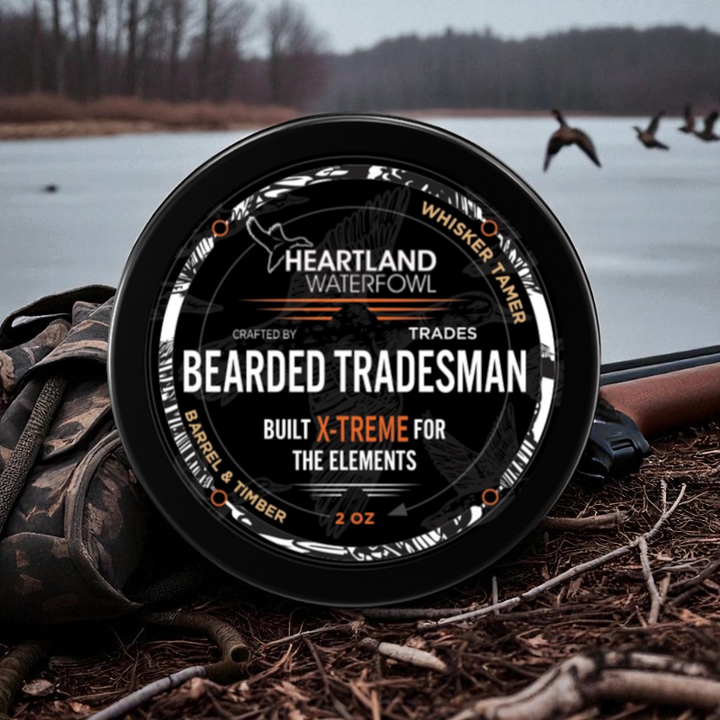 Bearded Tradesman X-TREME whisker tamer tin, black lid with Heartland Waterfowl label