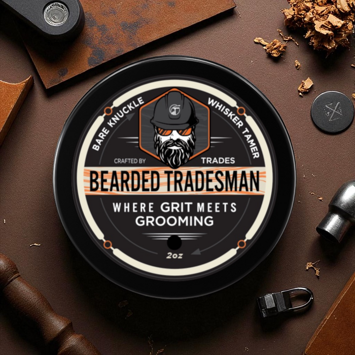 Beard whisker tamer balm in black tin, angled front label view
