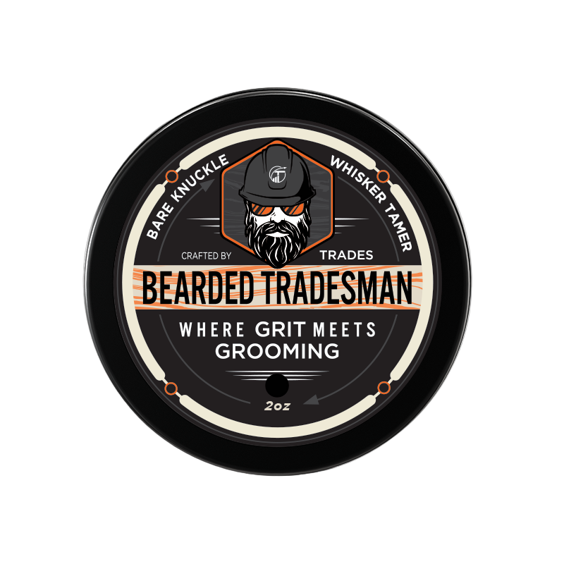Beard whisker tamer balm in black tin, front logo label, 2oz size