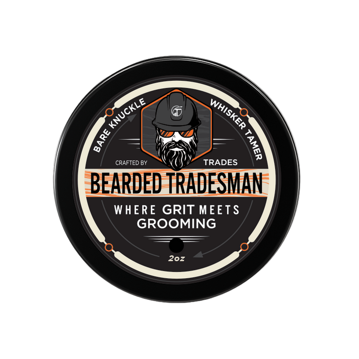 Beard whisker tamer balm in black tin, front logo label, 2oz size