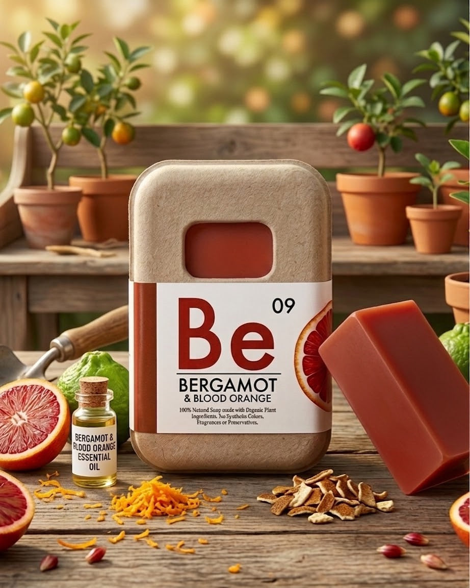 Rectangular organic soap bar labeled bergamot &amp; blood orange, with soap slices