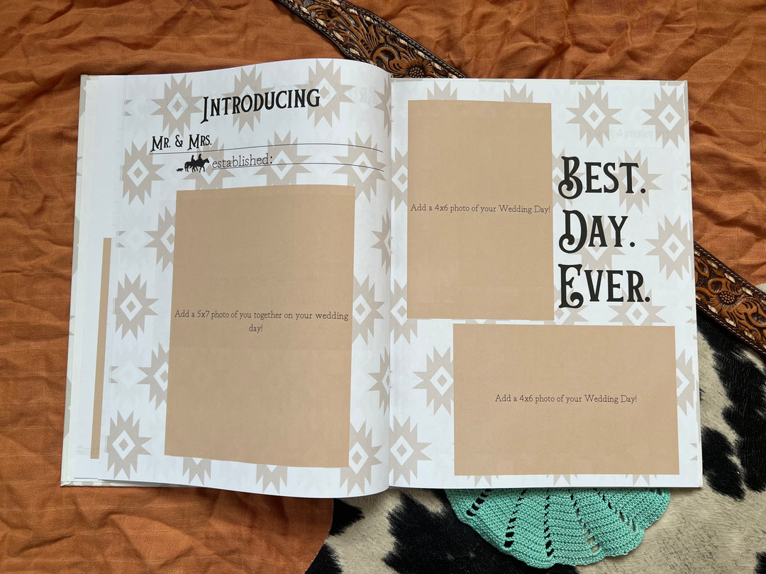Open wedding book with 'Best Day Ever' design and photo-style cutout frames