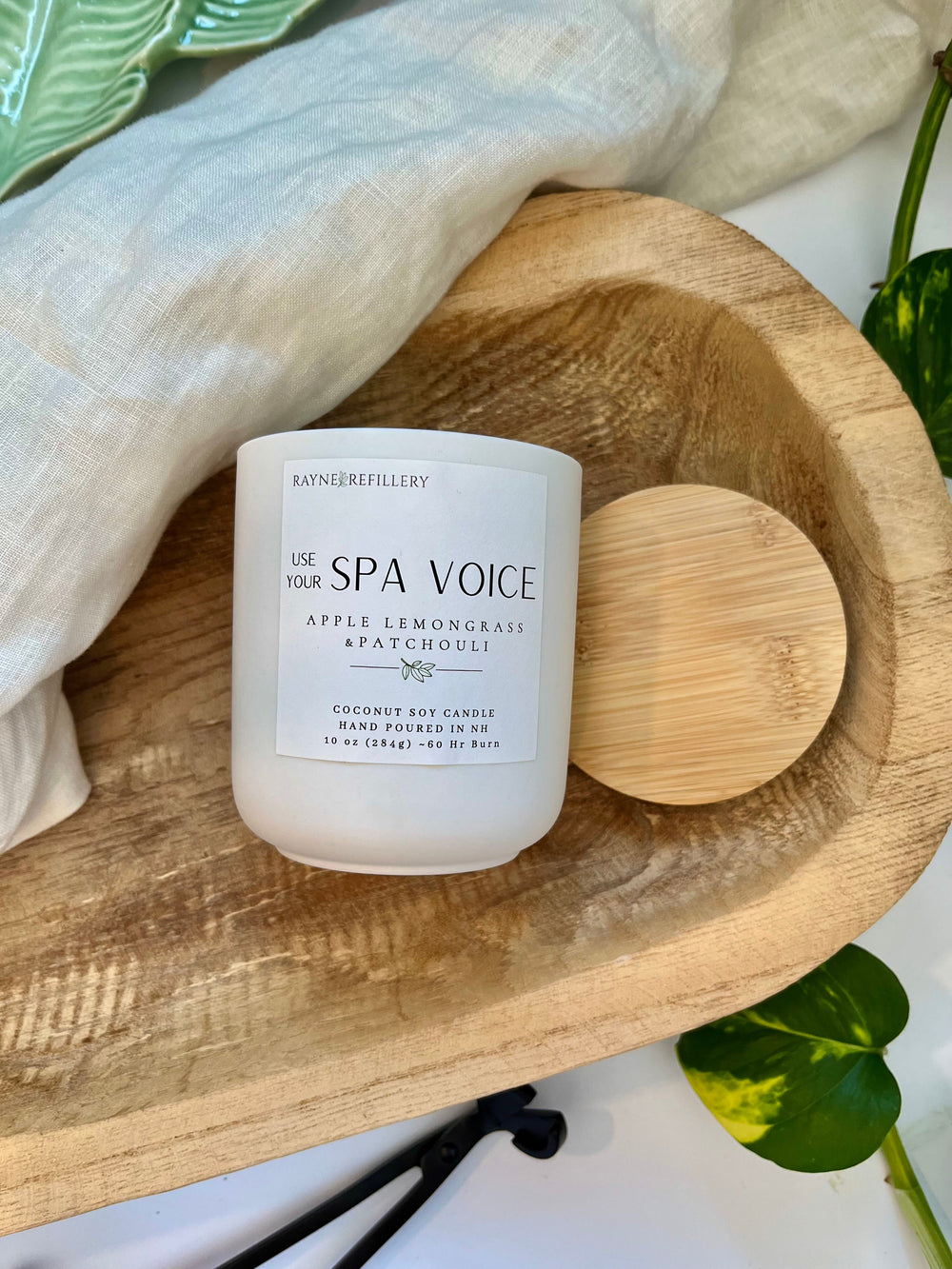 White soy candle jar with Spa Voice label, Apple, Lemongrass & Patchouli