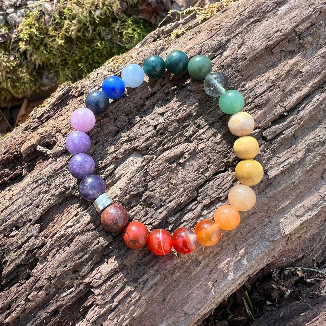 Rainbow beaded bracelet with multicolor round stone beads, no clasp visible