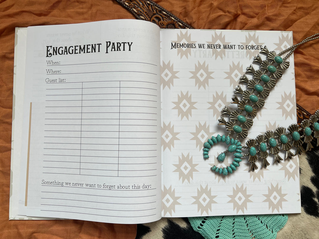 Open wedding book with 'Wedding Guests' title and lined guest list pages