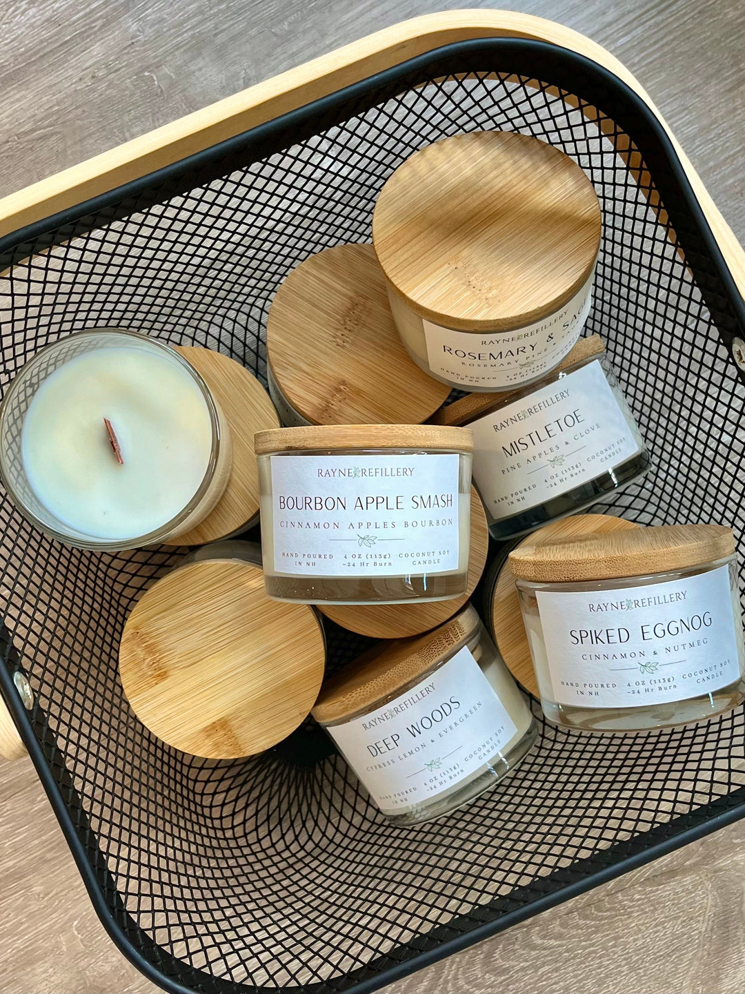 Luxury coconut soy candle set in white jars: rosemary, mistletoe, spiked eggnog