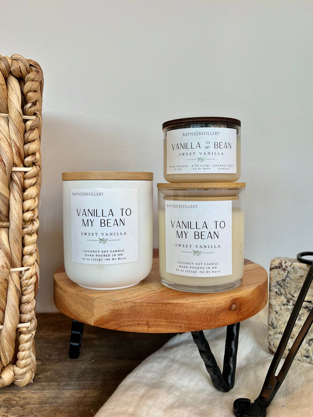 Luxury vanilla coconut soy candle in white jar with wooden lid and label