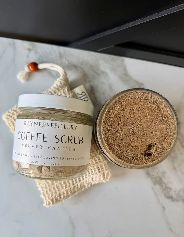 Velvet Vanilla coffee scrub jar with open whipped exfoliating scrub, coffee-brown texture