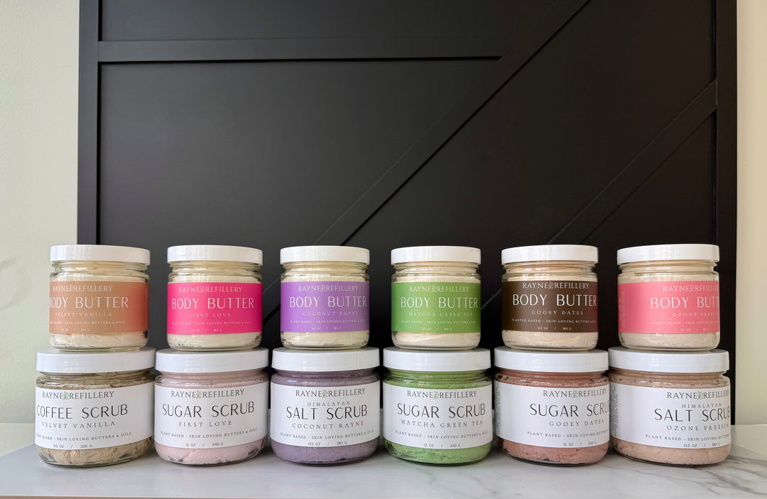 Line of body scrub jars with beige lids, salt and sugar scrub labels