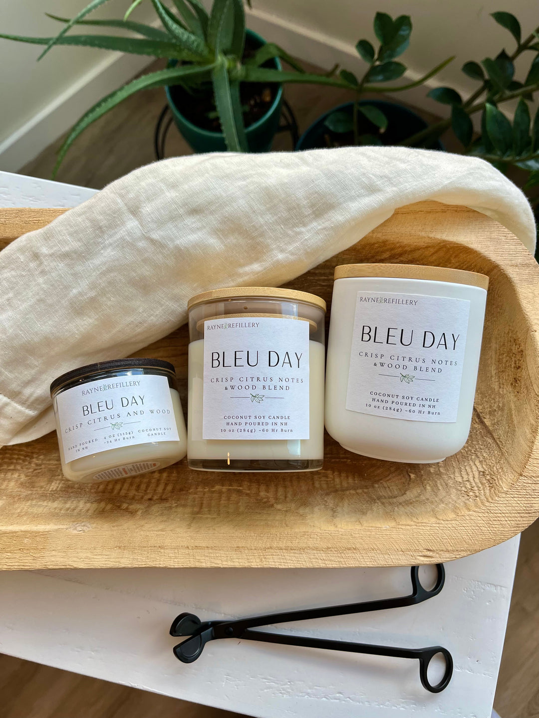 Coconut soy candle trio in white glass jars with gold wick accents on wooden tray