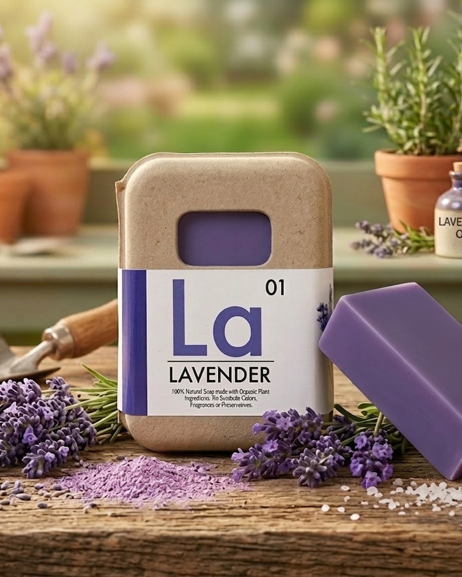 Lavender organic soap bar, purple accent, shown with beige wrapped container