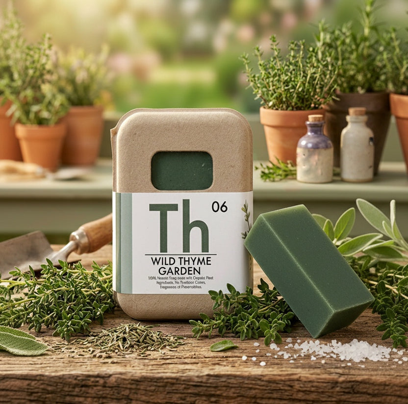 Rectangular bar of organic soap with green herb-themed label