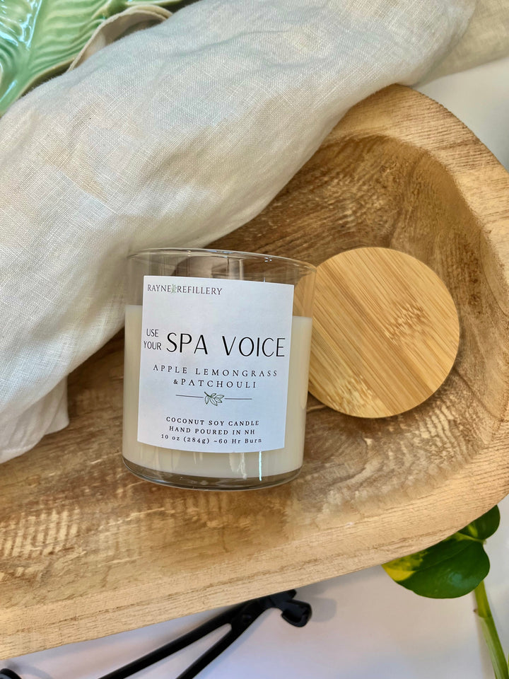 Soy candle in clear glass jar with Spa Voice label, Apple, Lemongrass & Patchouli