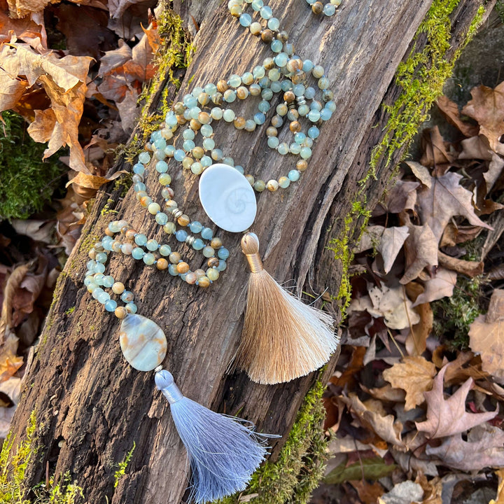 Smooth Sailing Meditation Mala – Lemurian Aquatine Calcite for Confidence & Calm