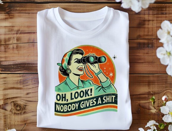 White unisex graphic T-shirt with retro woman holding binoculars, folded flat.