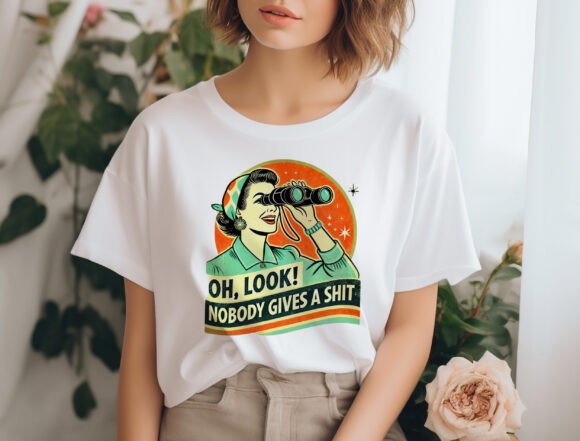 White unisex graphic T-shirt with retro woman holding binoculars.