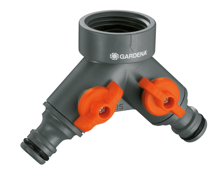 GARDENA twin-tap connector with two orange outlets and grey 3/4 in. threads