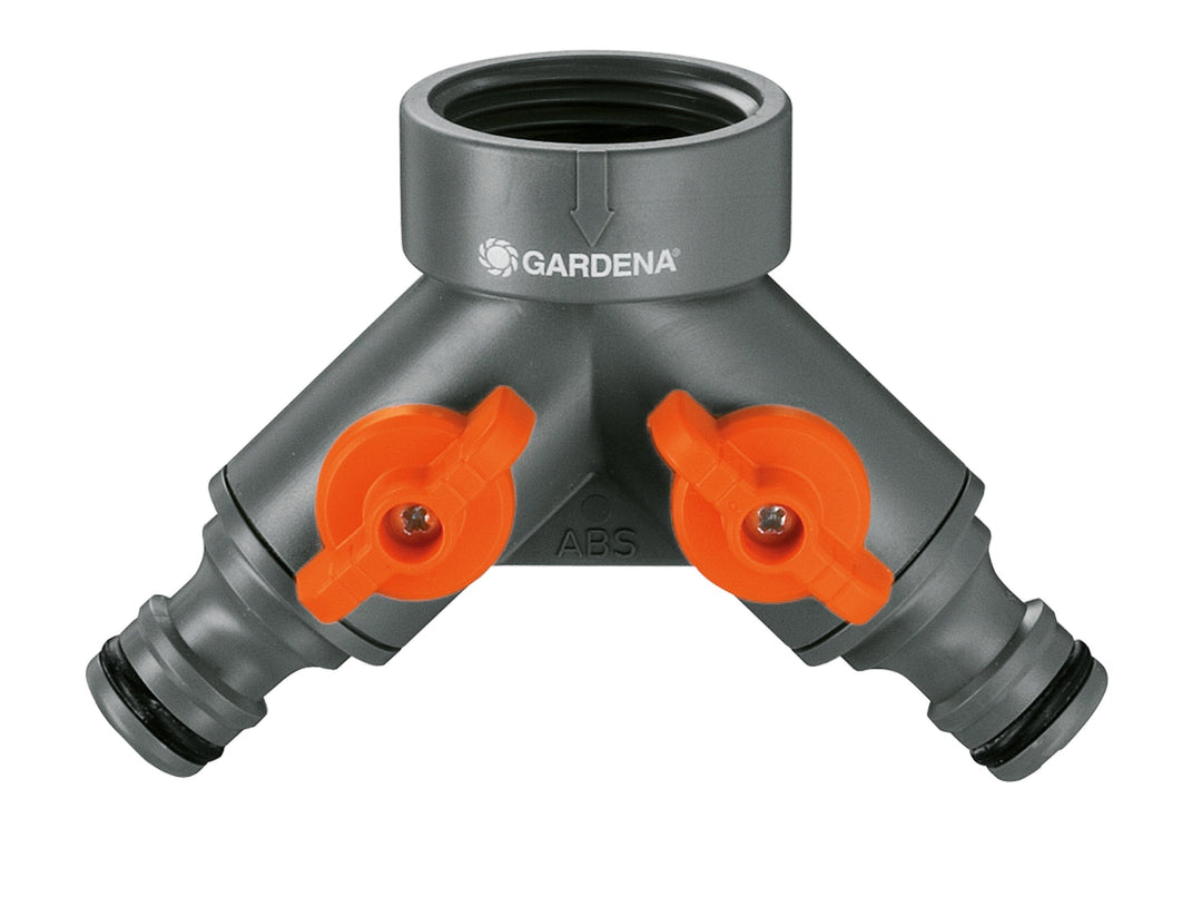 GARDENA twin-tap garden hose connector with two orange shutoff valves, 3/4 in.