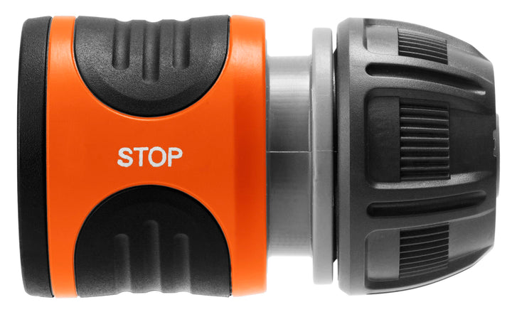 Orange STOP hose connector with gray ribbed fitting ends, 13–15 mm