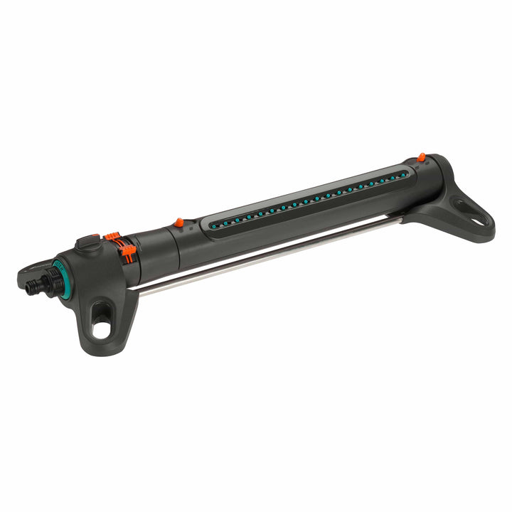 Oscillating garden sprinkler with black handle and orange control accents