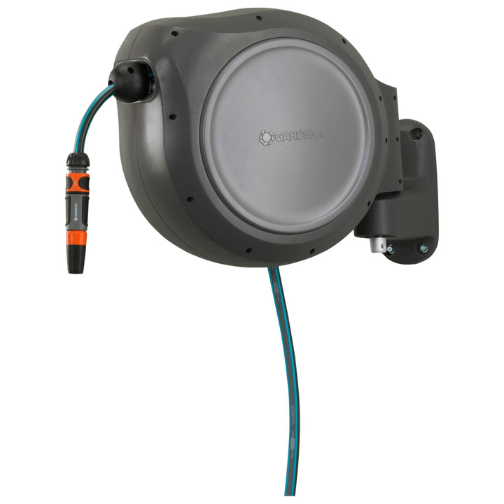 Dark gray retractable hose reel with blue hose extending downward and orange nozzle