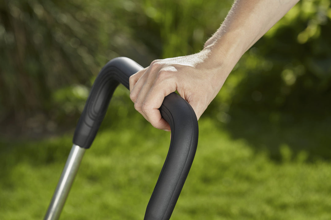 Hose trolley handle with black grip and silver frame