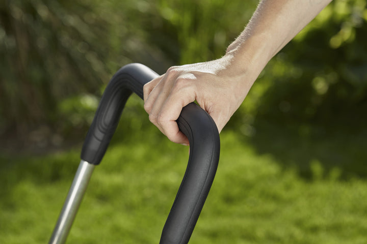 Hose trolley handle with black grip and silver frame