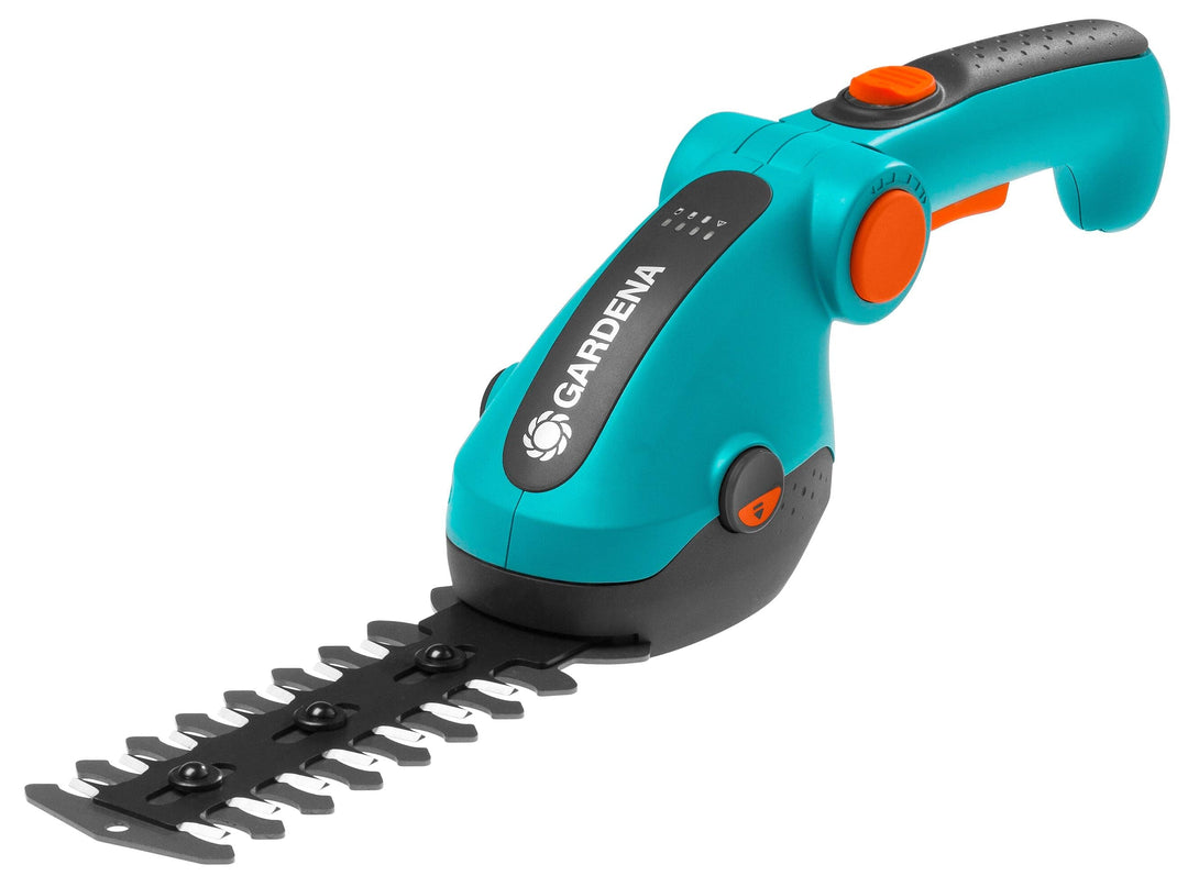 Teal cordless shrub and grass shears with orange trigger and dual-sided blade