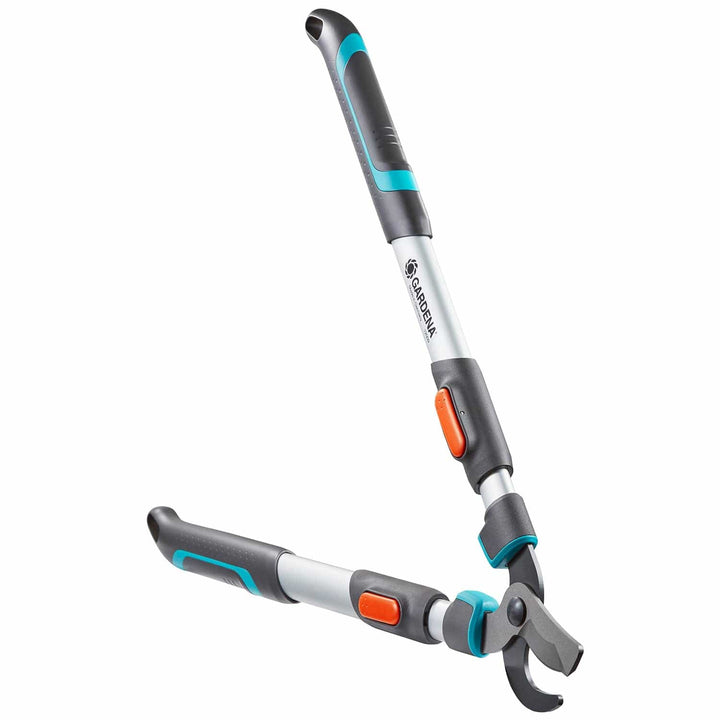Pruning lopper with curved black blades and orange latch on silver/blue handles