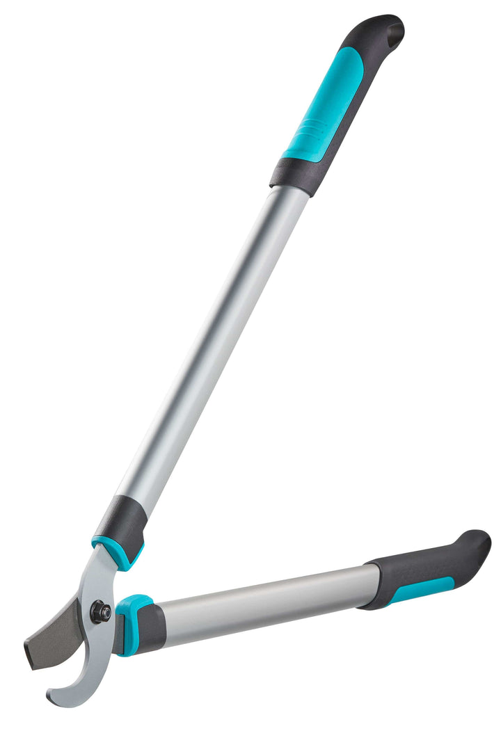 Pruning lopper with silver arms and teal accents, black curved blades