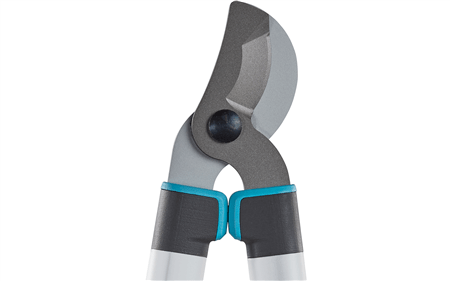 Pruning lopper head with curved black cutting blade and turquoise trigger lock